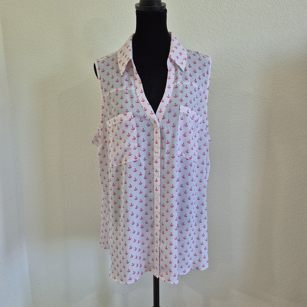 Sleeveless Anchor Print Blouse - White/Pink